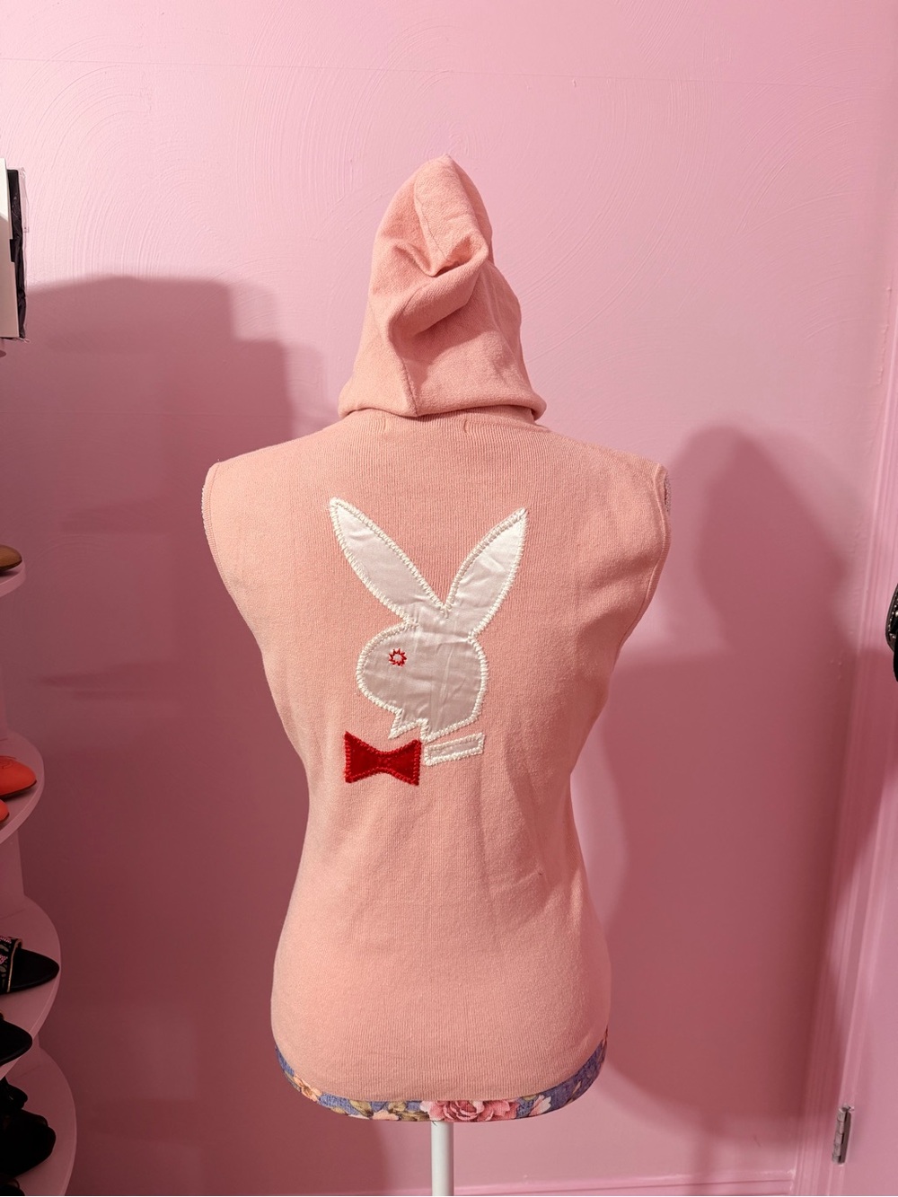 Vintage PLAYBOY Pink Sleeveless Knit Hoodie Vest with Satin Bunny Patch - M